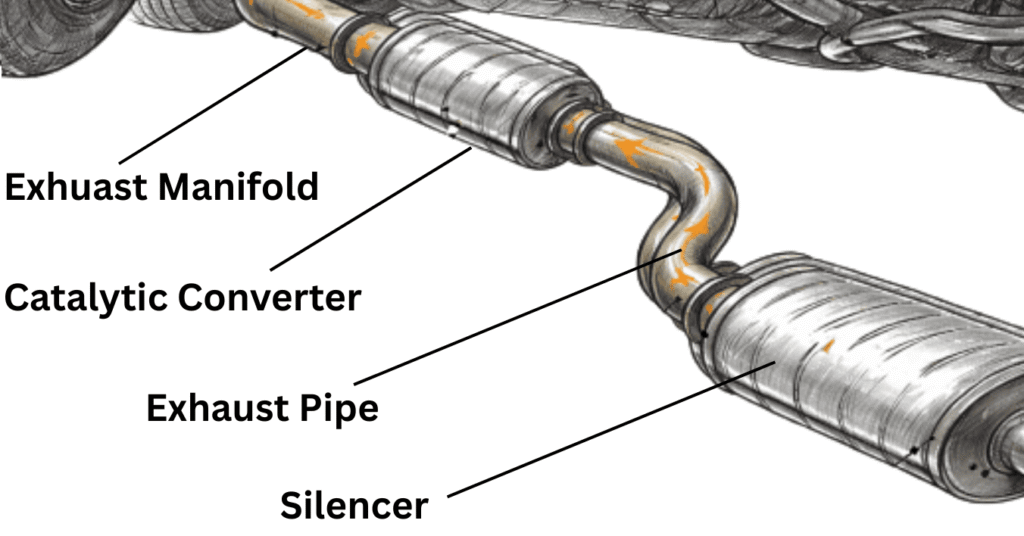 Diagram showing the car exhaust system with exhaust manifold, catalytic converter, exhaust pipe, and Silencer connected in sequence.