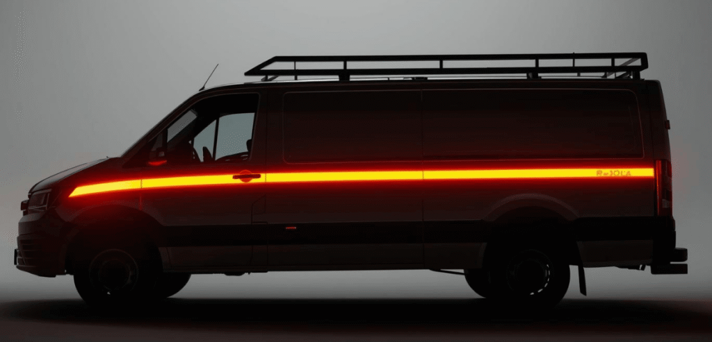 Commercial vehicle with yellow reflective tape applied along the side for enhanced night-time visibility