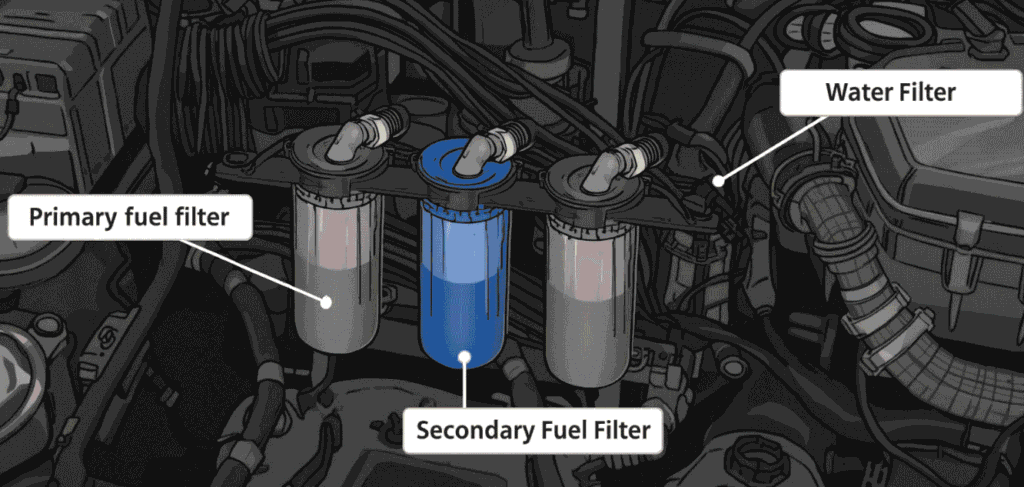 Engine compartment showing three in-line filters labeled as primary fuel filter, secondary fuel filter, and water filter, used for fuel purification in a vehicle.