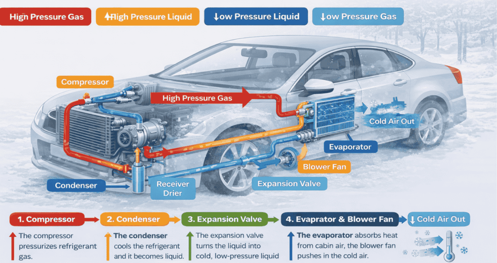 Diagram showing how a vehicle air conditioning system works, including compressor, condenser, expansion valve, evaporator, and refrigerant flow.