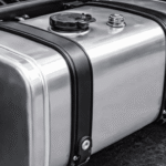 Metal vehicle fuel tank mounted on the chassis with fuel cap and securing straps.