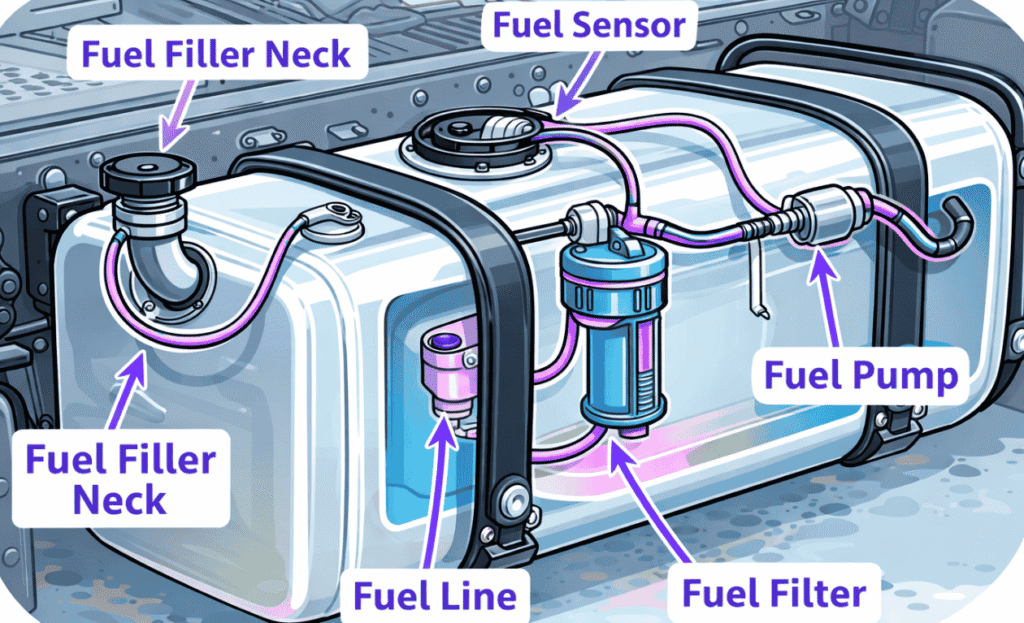 a vehicle fuel tank showing labeled parts such as fuel filler neck, fuel sensor, fuel pump, fuel line, and fuel filter