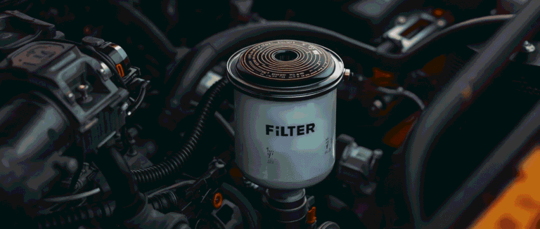 Close-up view of a car engine showing a cylindrical fuel filter surrounded by hoses and engine components