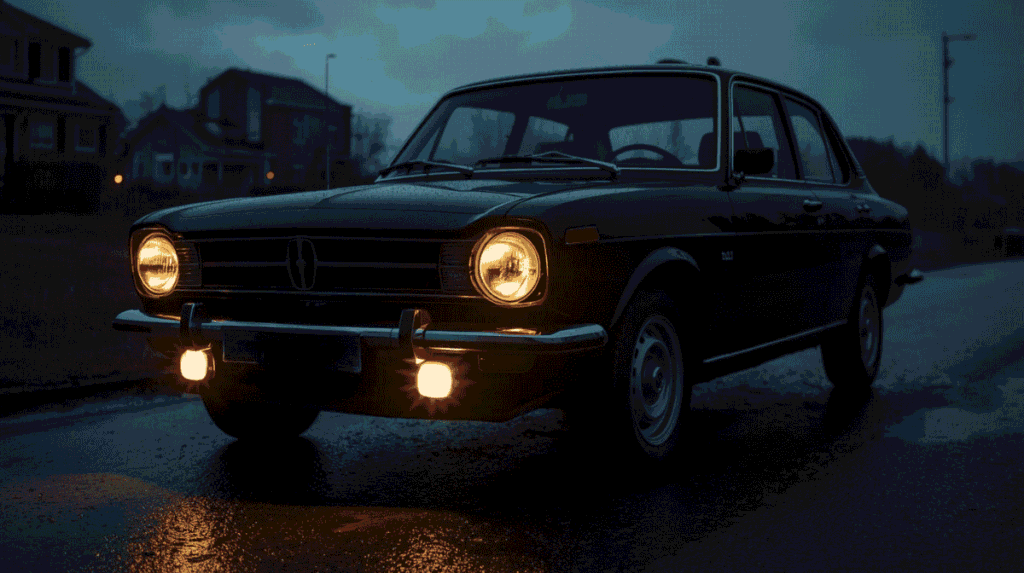 Vintage car with bright yellow fog lights turned on while driving on a wet road in low-light rainy weather for better visibility and safety