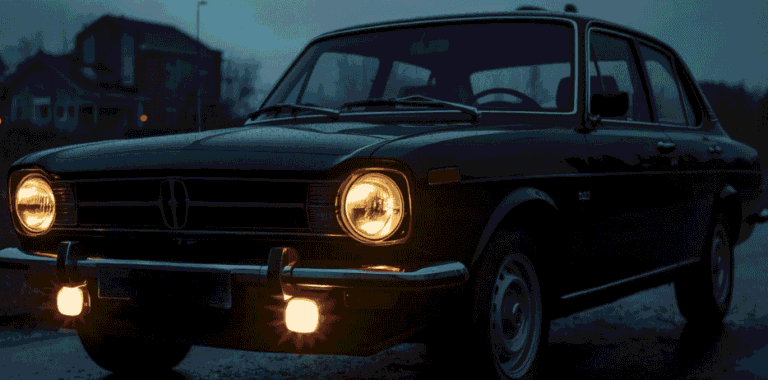 Vintage car with bright yellow fog lights turned on while driving on a wet road in low-light rainy weather for better visibility and safety