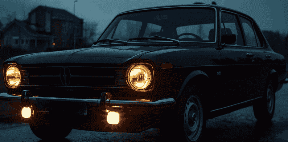 Vintage car with bright yellow fog lights turned on while driving on a wet road in low-light rainy weather for better visibility and safety
