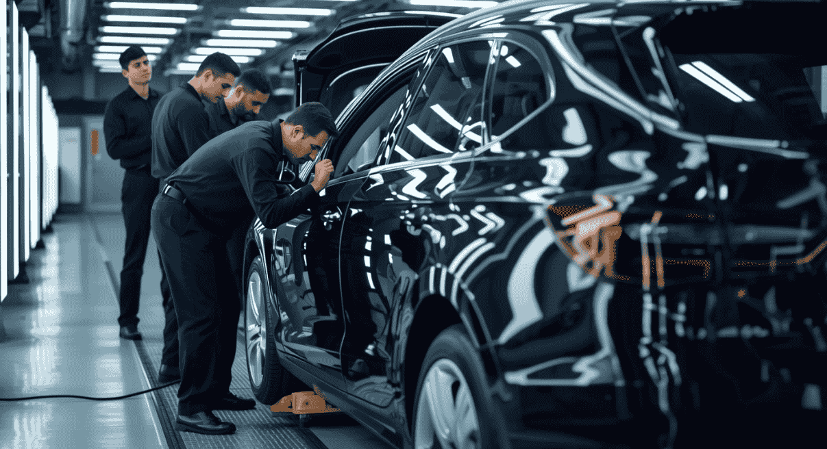 operators performing a detailed pre delivery inspection on a car in company