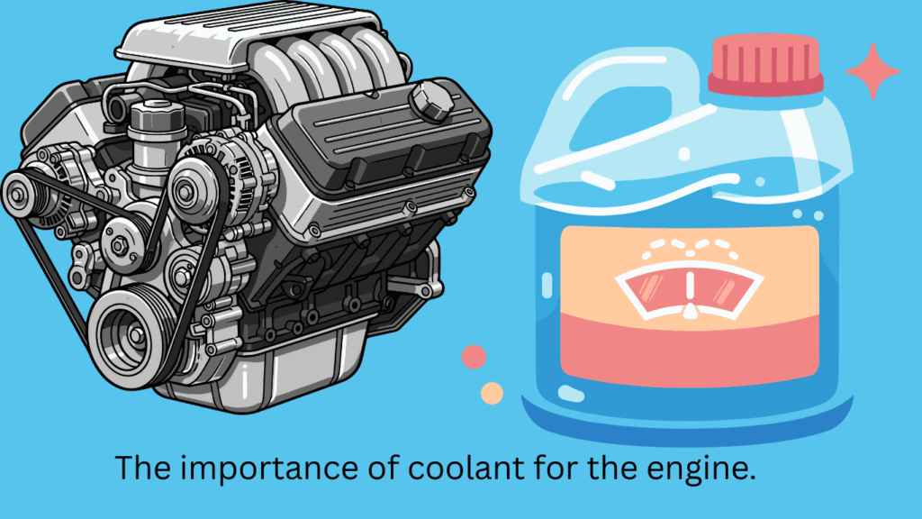 engine illustration shown alongside an engine coolant container, highlighting the role of coolant in controlling engine temperature.
