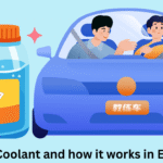 Engine coolant container shown beside a car where a driving instructor explains coolant usage and engine temperature control to a learner driver