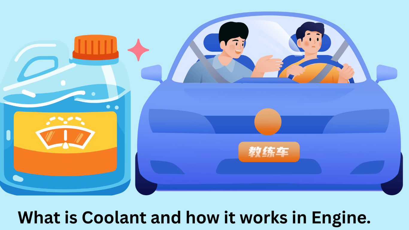 Engine coolant container shown beside a car where a driving instructor explains coolant usage and engine temperature control to a learner driver