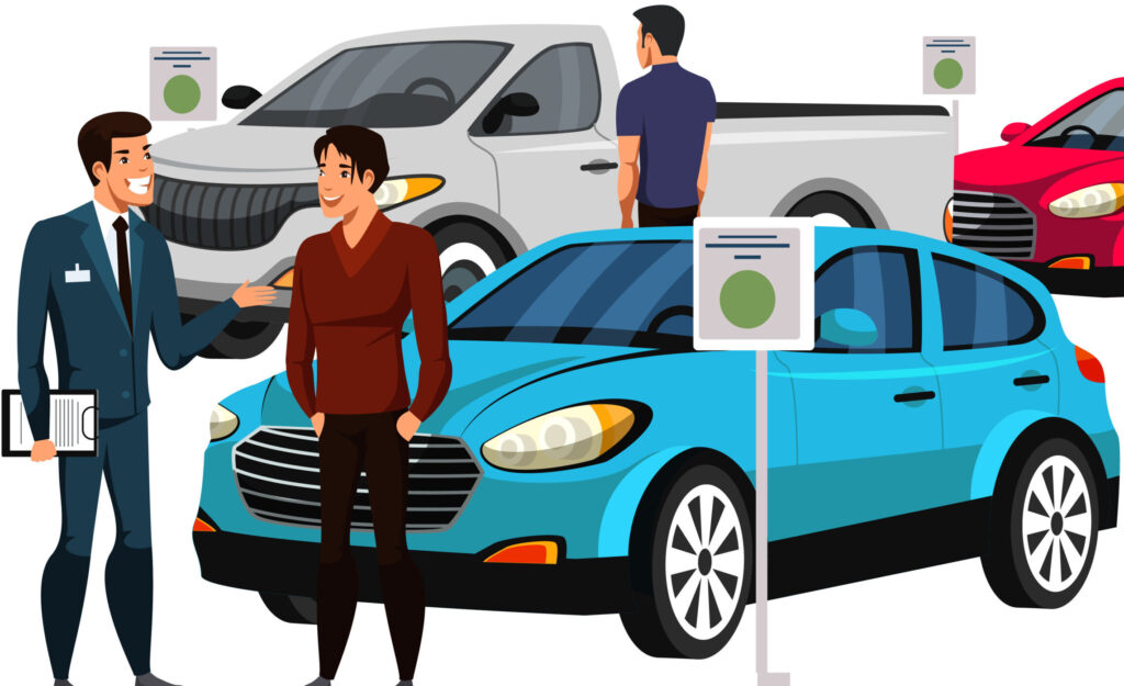 A car dealer handing over a vehicle to a smiling customer in a showroom with multiple cars displayed.
