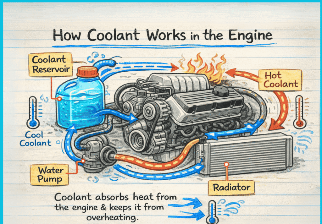 Hand-drawn diagram showing how engine coolant flows through the engine, radiator, water pump, and coolant reservoir to control engine temperature.